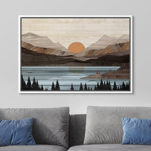 IDEA4WALL Western Wood Effect Landscape Mountain Range Lake Trees Nature Abstract Artwork Living Room Decor On Canvas Print