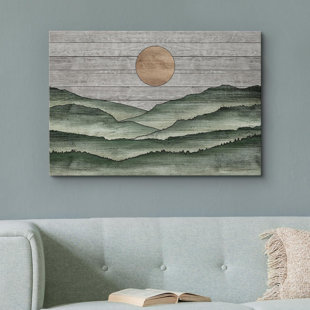 IDEA4WALL Western Wood Effect Landscape Sage Green Mountain Range Nature Abstract Artwork Living Room Decor On Canvas Print