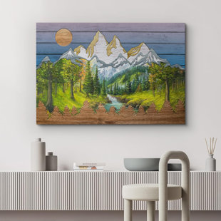 IDEA4WALL Western Wood Effect Landscape Vibrant Summer Mountain Nature Modern Art Large Wall Art Living Room Bedroom Office On Canvas Print