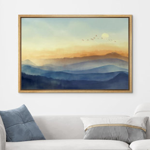 IDEA4WALL Minimal Landscape Pastel Yellow & Blue Mountain Sunrise Nature Landscape Pictures Large Framed Canvas Print Wall Art