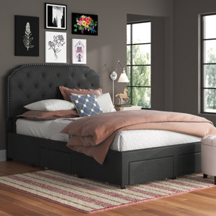 THREE POSTS™ TEEN Abdiel Upholstered Panel Bed Frame with Storage Drawers, Nailhead Trim Headboard