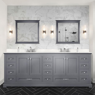 LEXORA Dukes 84 in. W x 22 in. D Double Bath Vanity, White Quartz Top, and 34 in. Mirrors