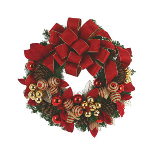 CREATIVE DISPLAYS, INC. Holiday Front Door Wreath with Festive Leaves, Ornaments, Pinecones and Velvet Bows
