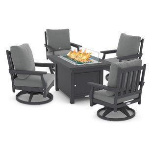 LUXEO Cortina 25"(H) x 45"(W) Rectangle Fire Pit Table with Aspen Rock-Swivel Chair, (5-Piece)