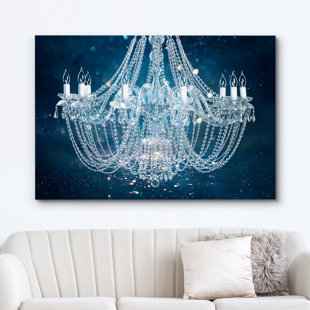 IDEA4WALL Blue Glitter Fancy White Crystal Chandelier Decor Lights Stylish Contemporary Wall Art On Canvas Print