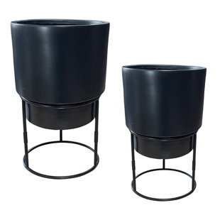 HORTICO Set of 2 Concrete Effect Round Flower Pots on Metal Stands, Round Indoor Plant Pot Stands for Indoor Plants: D24 H35 cm, with Inner Top D20 cm + D30 H50 cm, with Inner Top D26 cm