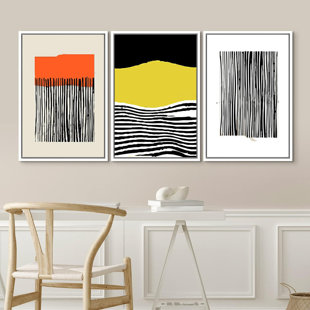 IDEA4WALL Abstract Vibrant Color Blocks Black/Yellow Line Art Abstract Boho Framed Canvas 3 Pieces Print Wall Art