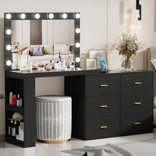 EVERLY QUINN Makeup Vanity Desk with Mirror and 3-Color Lights,6 Drawers Vanity Table with Charging Station