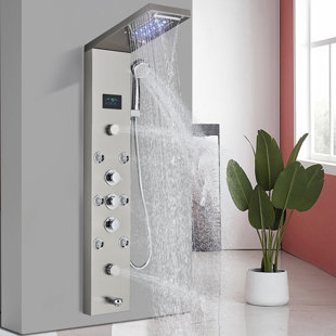 ALENARTWATER Bathroom Shower Panel Tower System LED Temperature Display Body Massage Jets Shower Set Waterfall Rain Shower Head 6 Functions Temperature