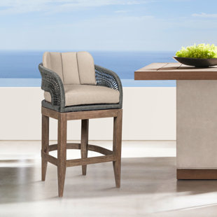 CORRIGAN STUDIO® Marcelius Outdoor Counter or Bar Stool in Eucalyptus Wood with Gray Rope an Olefin Cushions