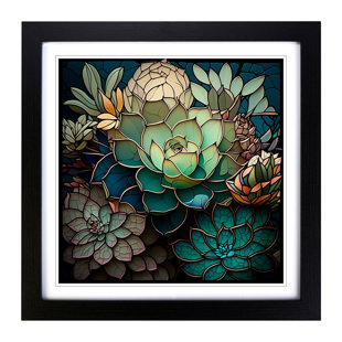 WORLD MENAGERIE Succulent Stained Glass Effect - Single Picture Frame Print on Wood