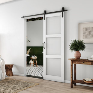 CHIC MODE 3-lite Paneled Wood and Glass Sliding Barn Door with Installation Hardware Kit