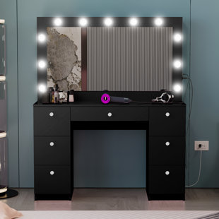 BOAHAUS LLC Boahaus Freya Large Vanity Makeup Desk with Wide Mirror, Build-In Lights, 7 Drawers and Power Outlet