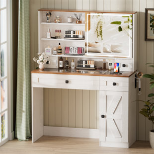 MERCER41 Keysean Farmhouse Vanity Desk with Sliding Mirror and Lights, Glass Tabletop Makeup Vanity