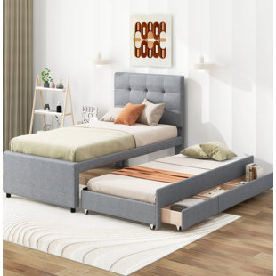 GZMWON Upholstered Platform Bed Frame with Headboard with Pull-Out Trundle and 3 Drawers