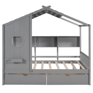 GZMWON Wooden House Shaped Wood Bed Frame with Headboard and 2 Drawers