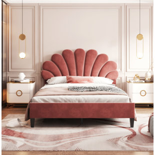 GZMWON Platform Frame with Flower Pattern Headboard, Upholstered Bed Frame
