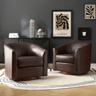 HOKKU DESIGNS Madeliene Modern Swivel Barrel Leather Chair with Solid Wood Base (Set of 2)