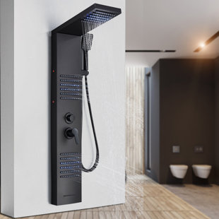 ALENARTWATER Shower Panel Tower System with LED Lights, 5 in 1 Shower Panel with Rainfall Waterfall Shower Head, Body Spray, Handheld Shower, Tub Spout (Black) Stainless Steel