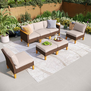 ALPHAMARTS 7-Piece Wicker Outdoor Patio Furniture Set, Sectional Patio Set with Beige Cushions, Fire pit table