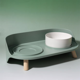 HAPPY & POLLY Bone China Double Pet Feeder, Elevated Cat Dog Food Double Bowls, Ceramic Pet Feeding Bowl for Food and Water