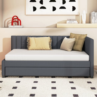 HOKKU DESIGNS Brindusa Twin Size Linen Upholstered Daybed With Trundle Sofa Bed Frame No Box Spring Needed