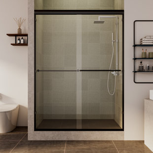 1INCHHOME Clear-Black 60'' W x 70'' H Double Sliding Door with Two Handles Semi-Frameless Clear Tempered Glass Shower Door