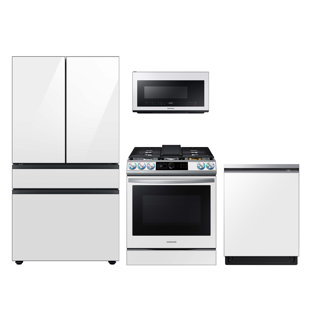 SAMSUNG 4 Piece Bespoke White Glass Kitchen Package with French Door Refrigerator, Slide-In Gas Range, SLIM Over-the-Range Microwave and Dishwasher