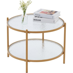 CG INTERNATIONAL TRADING 25.6" Small Matte Gold Round Coffee Table Water-Wave Glass Circle Clear Coffee Table, Center Table With 2-Tier Modern Storage Design For Living Room, Bedroom, Meeting Room, Balcony, Patio