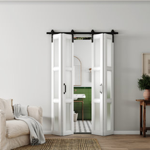 CHIC MODE 48“ * 84" 3 Lite Glass Maufacture Solid Wood Bi-fold Barn Door with Installation Hardware Kit
