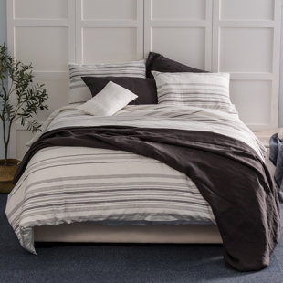 MEADOWPARK Stone Washed French Linen Blend Duvet Cover Set, Ivory With Dark Gray Stripe