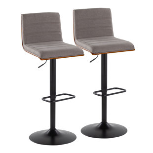 LUMISOURCE Vasari Mid-Century Modern Adjustable Barstool With Swivel In Black Metal, Walnut Wood And Grey Fabric With Rounded Rectangle Footrest - Set Of 2