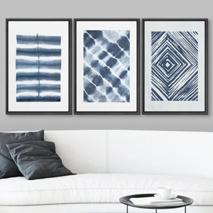 IDEA4WALL Geometric Line Blue Line Art And Diamond Illusion Collage Abstract Patterns Modern Art Mid-Century Modern On Canvas 3 Pieces Print