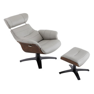 ROOMSENSE Cranebrook 31" Wide Genuine Leather Power Swivel Lounge Chair Recliner with Ottoman