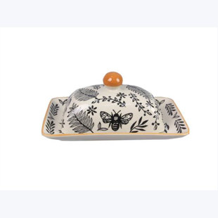 LOVE HAPPY CREATIONS LLC Stoneware Black And Natural White Botanical Butter Dish With Lid, Terracotta Accent
