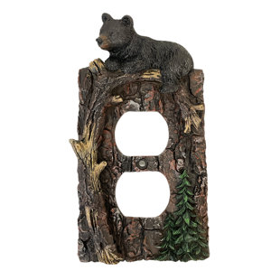 DE LEON COLLECTIONS Dark Wood Black Bear Faux Tree Bark 1-Gang Duplex Power Outlet Wall Plate / Cover (Set of 2)