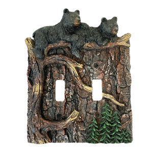 DE LEON COLLECTIONS Dark Wood Black Bear Faux Tree Bark 2-Gang Light Switch Wall Plate / Switch Plate / Cover (Set of 2)
