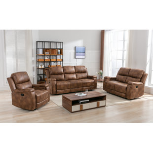 LATITUDE RUN® Ilkeston 3-Piece Vegan Leather Manual Reclining Living Room Set with Hidden Cupholder