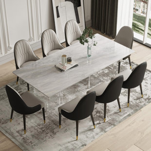 EVERLY QUINN Foclia 9 - Piece 70.86'' Sintered Stone Dining Table with 8 Leather Chairs Dining Set