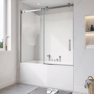 MORVANO 1-Hour-Assembly 56" - 60" W x 60" H Single Sliding Frameless Tub Door with 3/8" Clear Glass