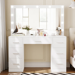 HOKKU DESIGNS Makada Vanity Table with Large Lighted Mirror, Makeup Vanity Desk with 7 Drawers