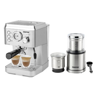 Geepas 1140W Espresso & Cappuccino Coffee Machine & 200W Coffee Grinder Combo Set - Milk Frother, Electric Wet & Dry Food Processor