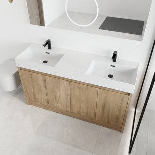 HOKKU DESIGNS Barwicks 60" Freestanding Double Bathroom Vanity with 4 Doors & Adjustable Shelf , Double Freestanding vanity, 60" Double Bathroom Vanity Set, Floor Standing Vanity with White Resin Top