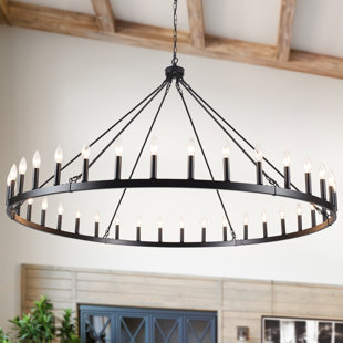 MERCER41 Nazavier 60 in. 36 Light Large Dimmable Wagon Wheel Chandelier Rustic Farmhouse Candle Round Industrial Light