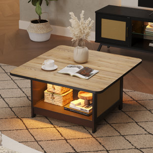 BAY ISLE HOME™ Alwies 35'' Square LED Lights Coffee Table with Storage & Rattan Design End Table For Living Room