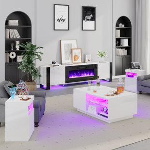 Elaenia Orren Ellis High Glossy 4-piece Living Room Table Set, Includes 70 Inch Fireplce TV Stand, Modern Coffee Table, Led Light 2 Nightstands