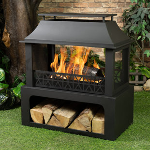 Deko Living 36 Inch Rectangular Outdoor Steel Wood Burning Fireplace with Log Storage Compartment and Poker