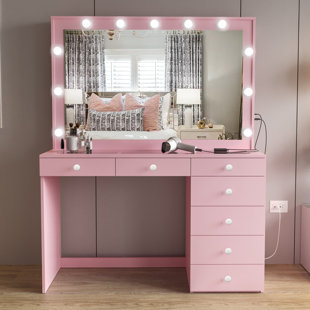 BOAHAUS LLC Boahaus Serena LARGE Makeup Vanity Set, Big Mirror with Built in Lights, 7 Drawers, Large Glass Top for Bedroom