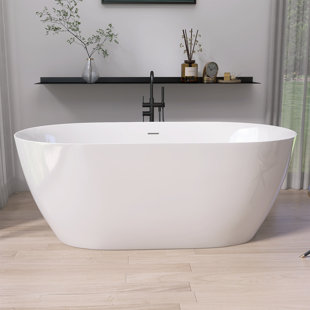 ZEAFIVE 55'' x 27.5'' Freestanding Soaking Acrylic Bathtub Modern Stand Alone Tub Gloss White