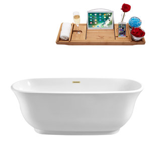 STREAMLINE BATH 67" Streamline Freestanding Soaking Acrylic Bathtub With Drain and Bamboo Tray